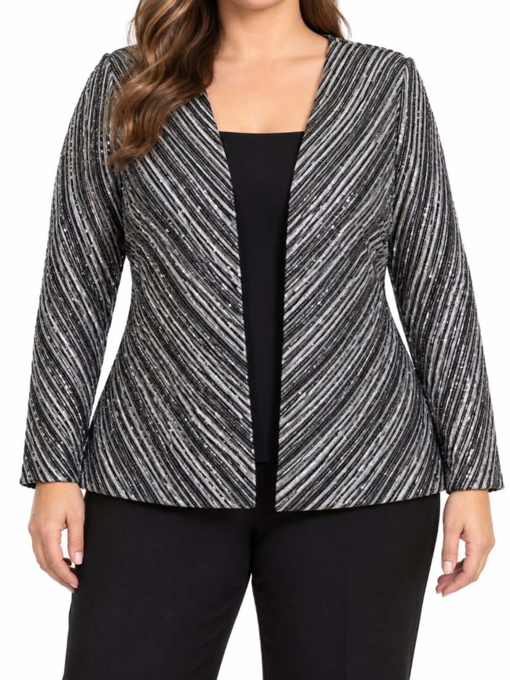 Alex Evenings Black Silver Sequin Striped Jacket Size 16